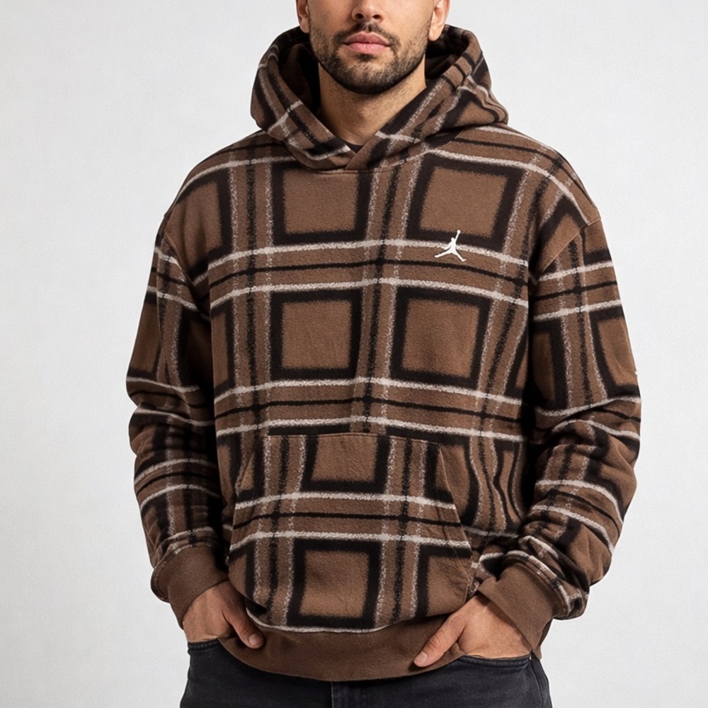 Jordan Essentials Plaid Pullover Hoodie Large Brown Tan British Tan Jumpman